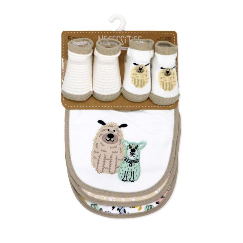 Rose Textiles 5Pk Bib & Sock Set, Tan Dog Image 2