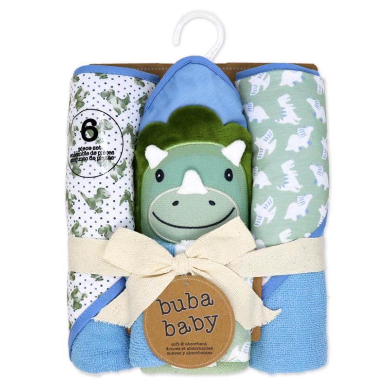 Rose Textiles 6Pk Bath Set: 3 Hooded Towels & 3 Washcloths, Blue Dino Image 2