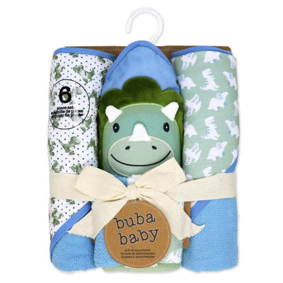 Blue Dino-themed bath set includes 3 hooded towels with a dinosaur design and 3 matching washcloths, packaged attractively.