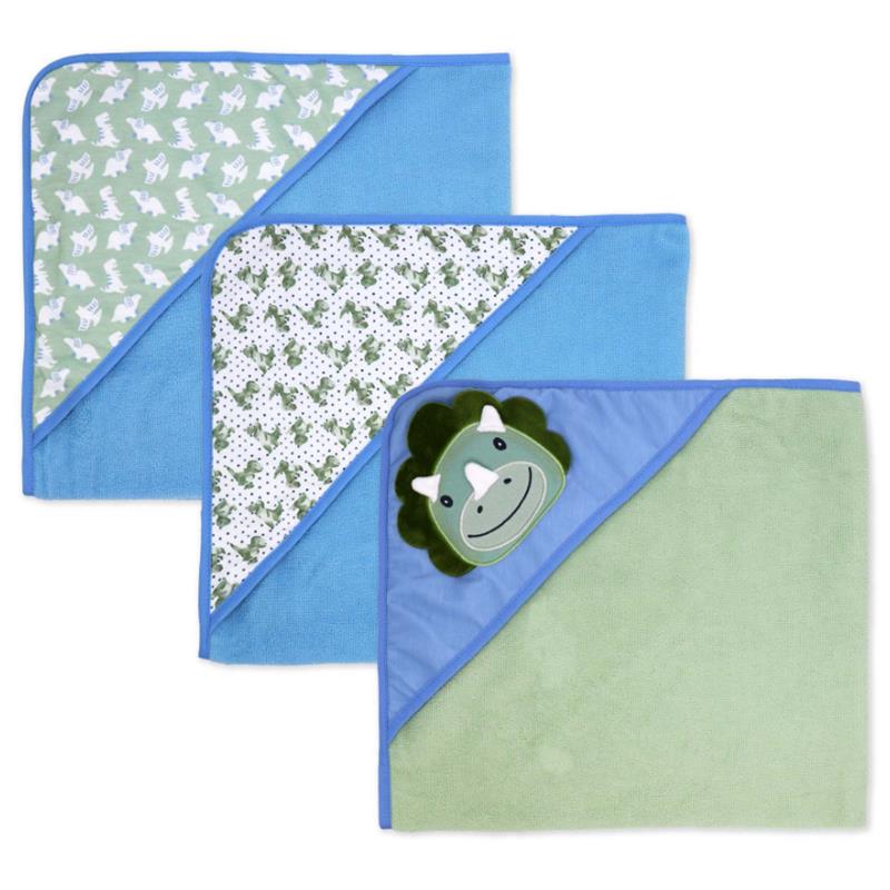 Rose Textiles 6Pk Bath Set: 3 Hooded Towels & 3 Washcloths, Blue Dino Image 3