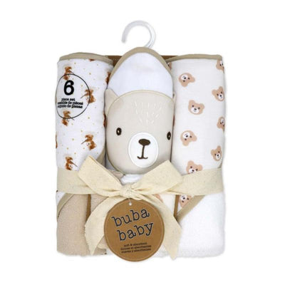 Rose Textiles 6Pk Bath Set includes 3 hooded towels and 3 washcloths in tan teddy designs, tied with a ribbon.