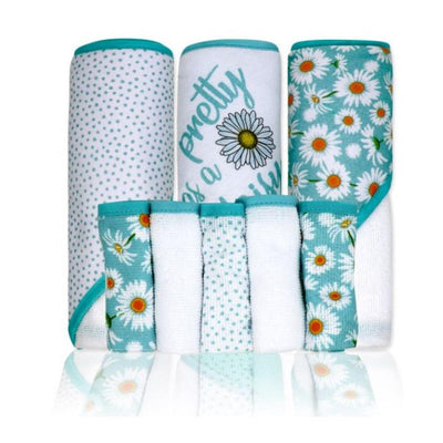 8-pack baby hooded towel set in aqua, featuring floral designs and polka dots, ideal for bath time.