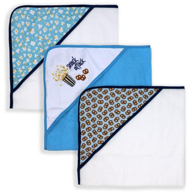 Hooded towel set featuring three towels with snack-themed designs, including popcorn and pretzels, in blue and white.