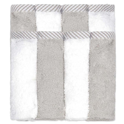 Rose Textiles 8Pk Washcloth Set featuring alternating grey and ivory colors with striped trim.