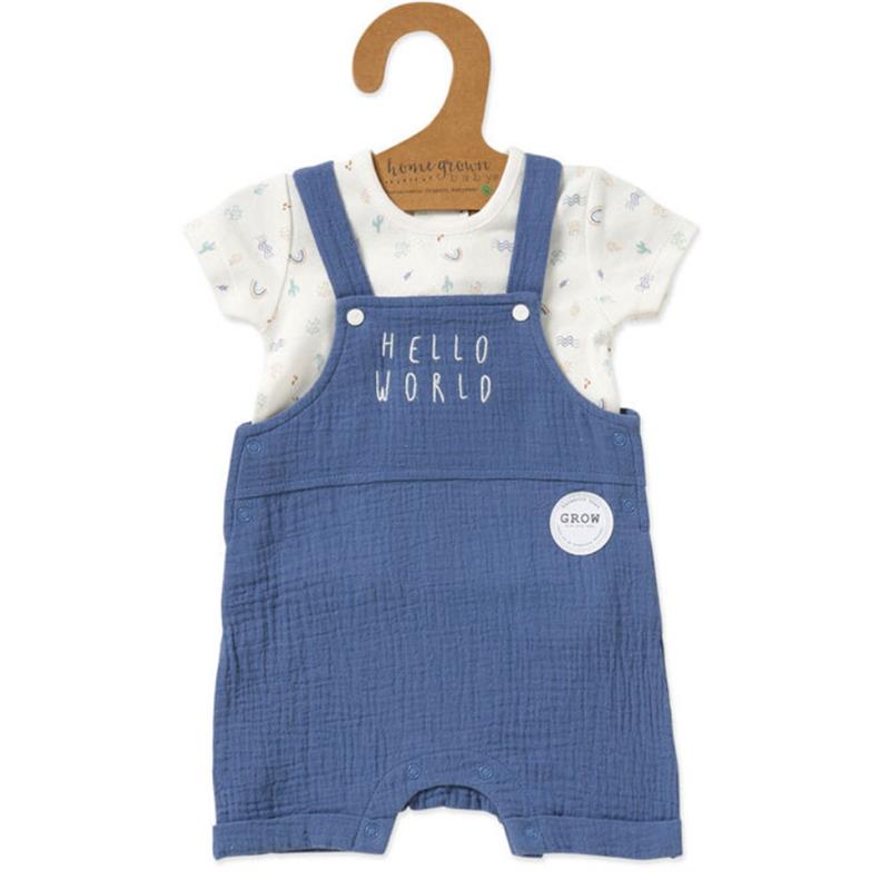 Rose Textiles - Baby Boy’s Organic Dungaree Set, Hello World  Image 1