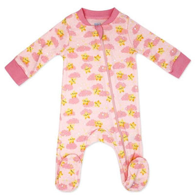 Baby girl interlock coverall in pink with cloud and star pattern, featuring a full front zipper and matching pink cuffs.