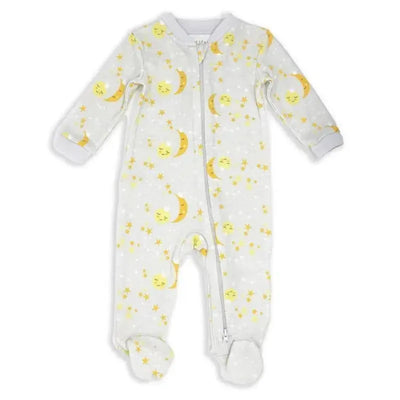 Grey baby sleeper featuring a galaxy print with yellow moons and stars, zip closure, and footed legs.