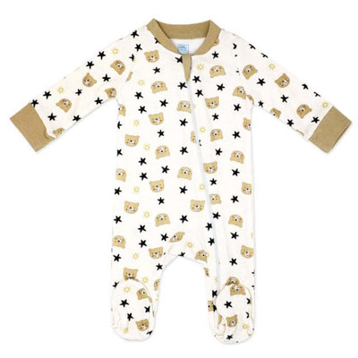 Baby tan interlock coverall featuring a family bear pattern, stars, and sun designs; suitable for newborns.