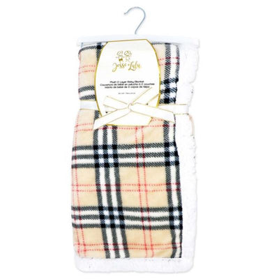 Tan baby plush sherpa backed blanket with a plaid design, featuring a ribbon and tag detailing product information.