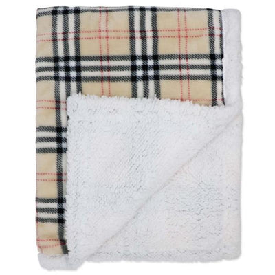 Tan baby plush blanket with a plaid pattern on one side and soft sherpa backing, perfect for warmth and comfort.