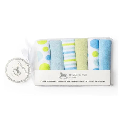 Rose Textiles Baby Washcloth Set - Blue, Green & White Circles 6 Pc Image 1