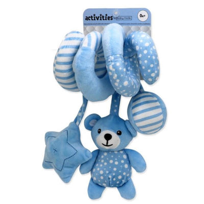 Blue Bear Spiral Activity Toy featuring a soft blue bear, star, and striped elements, designed for sensory play for infants.