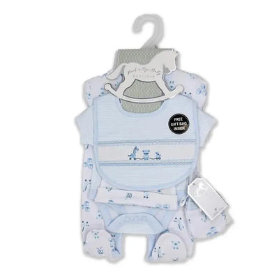 Boys 5-piece clothing set in light blue, featuring a shirt, bib, and pants, with a tag indicating a free gift bag included.