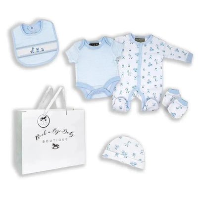 Boys 5-piece clothing set in blue hues including a bodysuit, onesie, bib, socks, and hat, with a gift bag.