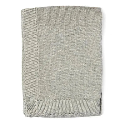 Soft grey knit baby blanket with a textured border, ideal for keeping infants warm and cozy.