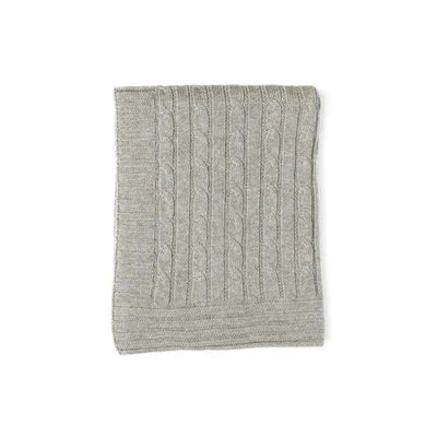 Grey cable knit blanket folded neatly, featuring a textured pattern of cables running vertically.