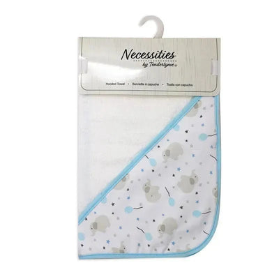 Blue elephant-themed hooded towel with a soft white terry cloth body and playful balloon pattern on the hood area.
