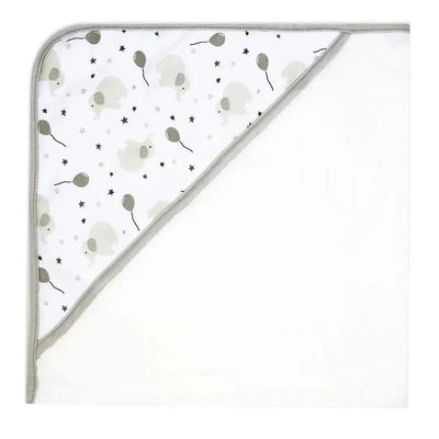 Gray elephant hooded towel featuring a playful design with elephants and balloons on the hood.