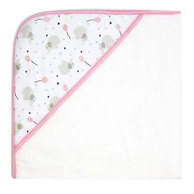 Hooded towel featuring a pink trim and cute elephant and balloon design, ideal for keeping babies warm and dry.