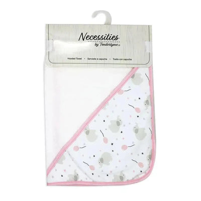 Hooded towel featuring a pink border with a playful elephant design and balloons, suitable for children.