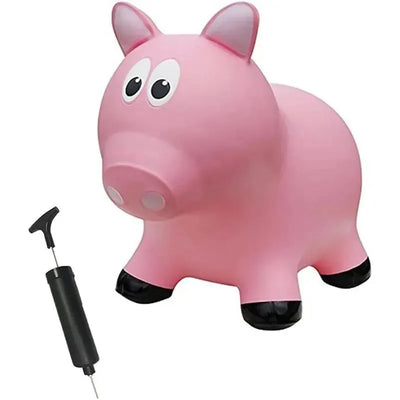 Inflatable pink pig toy with two large eyes and black hooves, accompanied by a black pump.