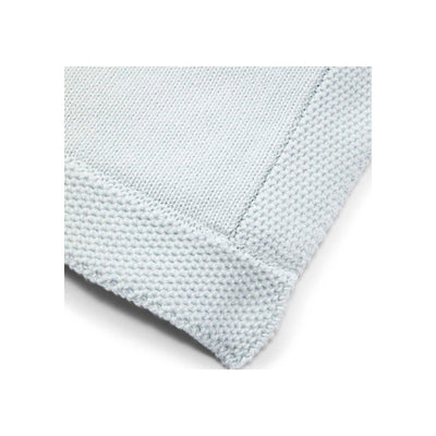 Knit blanket in soft blue color featuring a textured border, ideal for warmth and decorative use.