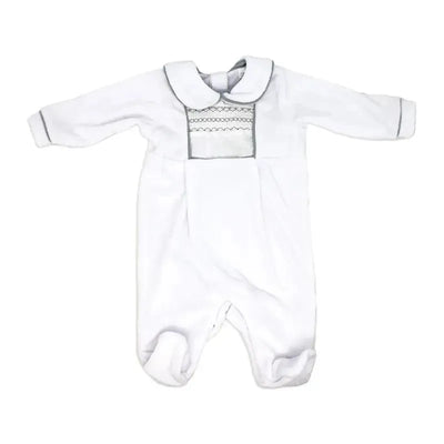 Neutral velour coverall by Rose Textiles, featuring a smocked design and a rounded collar.
