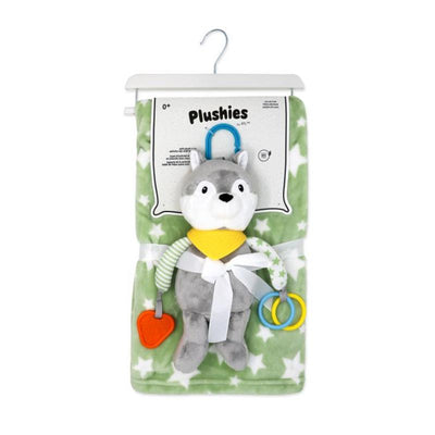 Plush sage wolf activity toy with attached rings and red heart, displayed on a soft green star-patterned blanket.
