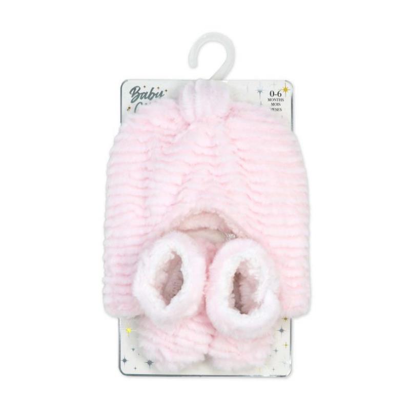 Rose Textiles Ridge Plush Hat & Bootie Set, Pink Image 2