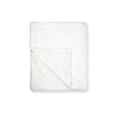 Ridged plush blanket in white, featuring a soft texture with one side having a smooth finish and the other ribbed.