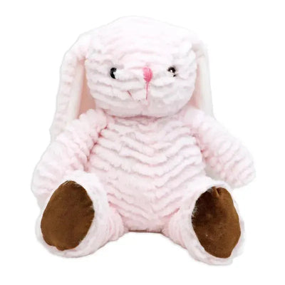 Ridged plush toy pink bunny with soft textured body and brown feet, designed for cuddling and play.