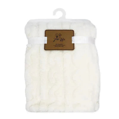 Sculpted Sherpa Blanket in ecru with a textured design, wrapped in a white ribbon and labeled with a brown tag.