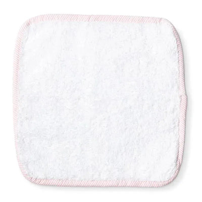 Solid white washcloth with pink striped trim, ideal for personal care and cleaning.