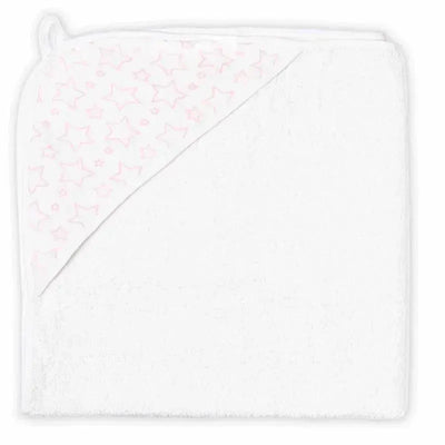 Muslin-lined hooded towel in pink with star patterns, designed for infants, featuring a soft white fabric.