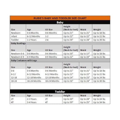 Rubies toddler size chart for baby and toddler costumes, including age, size, height, waist, and weight information.