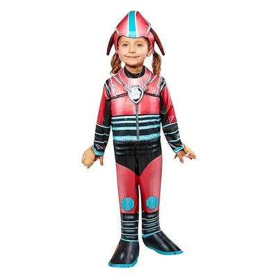 Toddler wearing a red and black Paw Patrol Mighty Liberty costume with a matching helmet and playful pose.