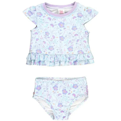Rufflebutts baby girl bikini set featuring a cap sleeve top with a floral design and ruffle hem, paired with matching bottoms.