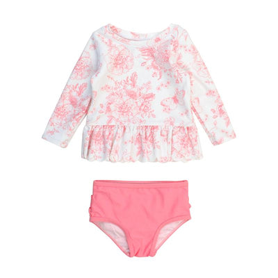 Long sleeve swimsuit set featuring a pink floral top with ruffle hem and matching pink bikini bottom.