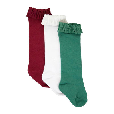 Knee high socks set in rosewood red, ivory white, and spruce green with a ruffled top.