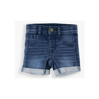 Medium wash denim skort for baby boys, featuring a rolled hem and front pockets. Ideal for casual wear.