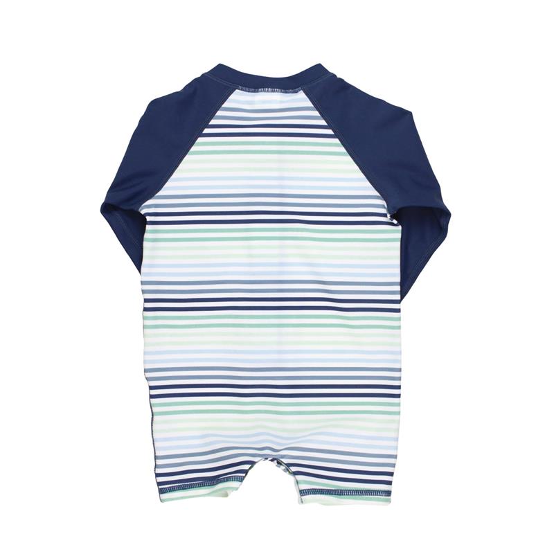Long sleeve one-piece for baby boys featuring a striped design in blue, green, and white colors.