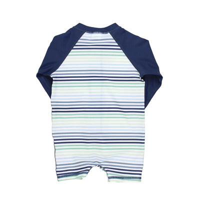 Long sleeve one-piece for baby boys featuring a striped design in blue, green, and white colors.