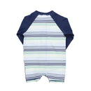 Long sleeve one-piece for baby boys featuring a striped design in blue, green, and white colors.