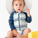 Baby boy wearing a striped long sleeve one-piece swim suit with a white sun hat, sitting on the floor.