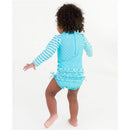 Aqua heart polka dot long sleeve one-piece rash guard swimsuit for baby girl, featuring ruffled trim and striped sleeves.