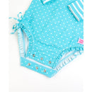 Aqua long sleeve one-piece rash guard swimsuit for baby girls, featuring white polka dots and heart patterns.
