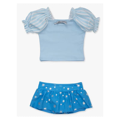Baby girl two-piece swimsuit featuring a light blue puffed sleeve top and a star-patterned blue skirted bottom.