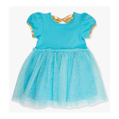 Baby girl twirl dress in blue with short sleeves, a gold bow at the back, and a tulle skirt adorned with glitter.