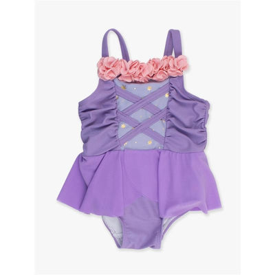 Baby girl one-piece swimsuit in amethyst with a ruffled skirt and pink floral trim. Features cross-back detail and star pattern.