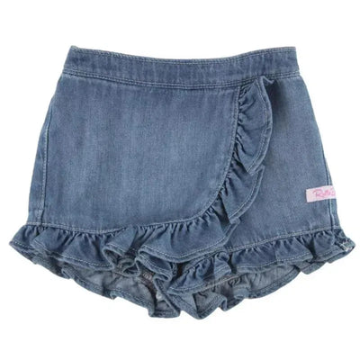Light wash denim skort for baby girls featuring playful ruffled edges and a pink Rufflebutts label.